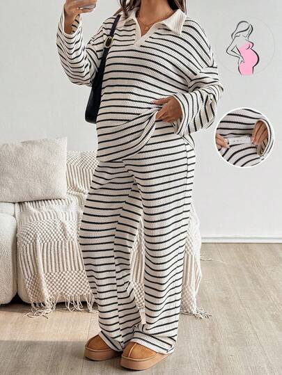SHEIN Autumn And Winter 2pcs Maternity Casual Striped Loose Batwing Long Sleeve Top And Pants Sets
