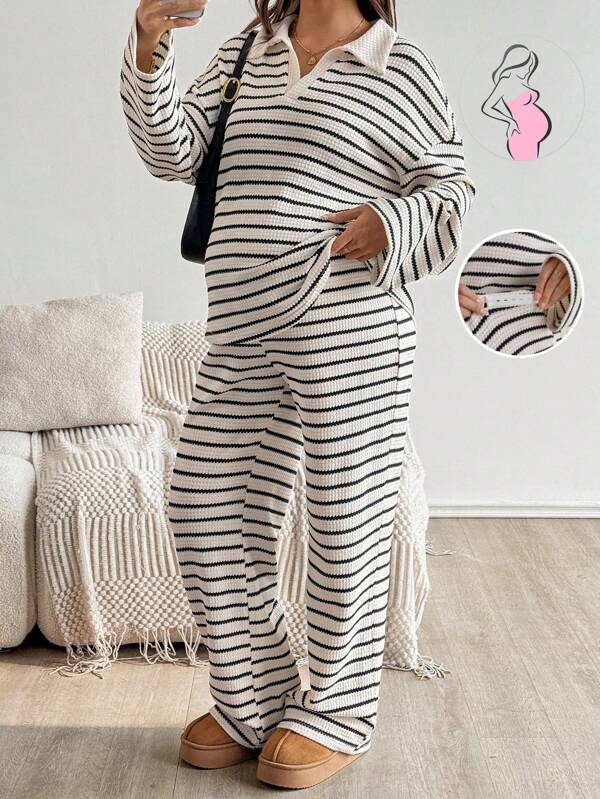 SHEIN Autumn And Winter 2pcs Maternity Casual Striped Loose Batwing Long Sleeve Top And Pants Sets