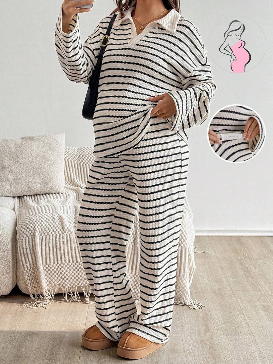 SHEIN Autumn And Winter 2pcs Maternity Casual Striped Loose Batwing Long Sleeve Top And Pants Sets