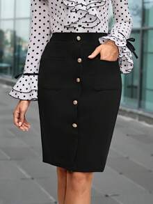 SHEIN Clasi Falda de mujer con botones delanteros y detalles de metal - Negro - Ver 1