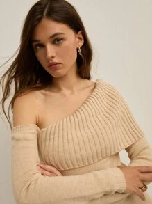 Nöista 优雅通勤纯色不对称领长款针织连衣裙，秋冬 - 杏色 - 查看 4