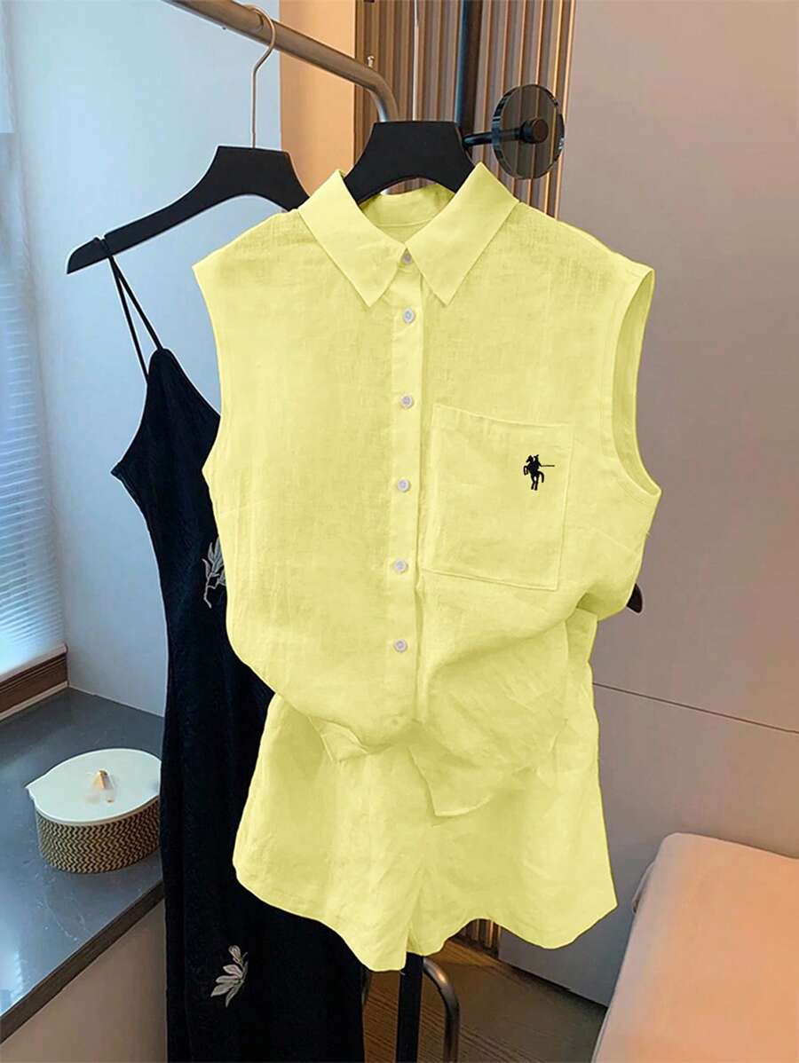 GlowEve Bộ 2 áo không tay thêu họa tiết du lịch thường ngày dành cho nữ + quần short - Màu vàng - Xem 1