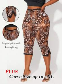 SHEIN SXY Leggings moulants grande taille pour femmes, sexy et élégants, avec imprimé léopard, patchwork en dentelle et maille, fente haute. Convient pour le port quotidien, les festivals, les sorties, les anniversaires, les enterrements de vie de jeune fille, les mariages, les tenues élégantes ou décontractées, les sorties shopping, le streetwear. Facile à assortir, affinant la silhouette et mettant en valeur la morphologie.