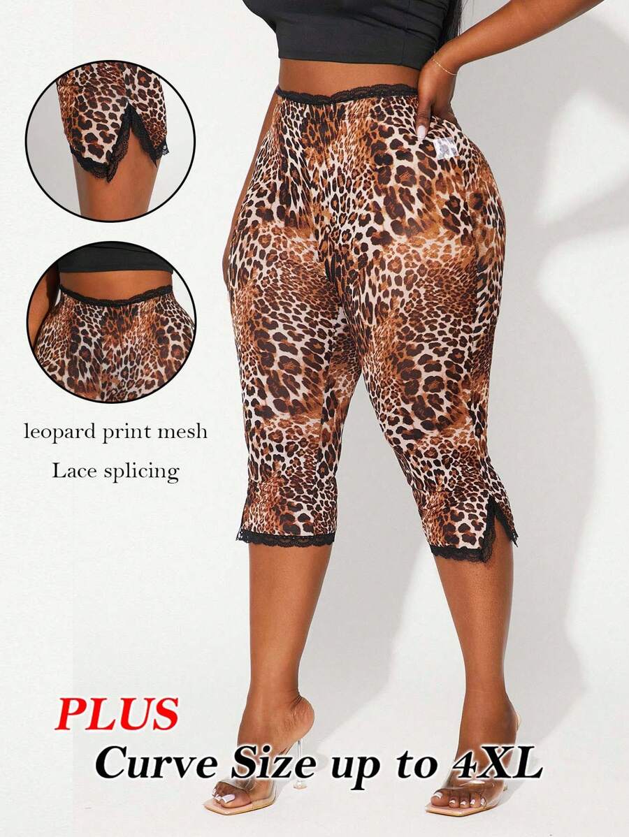 SHEIN SXY Leggings moulants grande taille pour femmes, sexy et élégants, avec imprimé léopard, patchwork en dentelle et maille, fente haute. Convient pour le port quotidien, les festivals, les sorties, les anniversaires, les enterrements de vie de jeune fille, les mariages, les tenues élégantes ou décontractées, les sorties shopping, le streetwear. Facile à assortir, affinant la silhouette et mettant en valeur la morphologie.