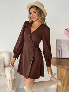 SHEIN LUNE 女士休闲通勤连衣裙 棕色V领长袖裹身短裙 - 棕色 - 查看 3