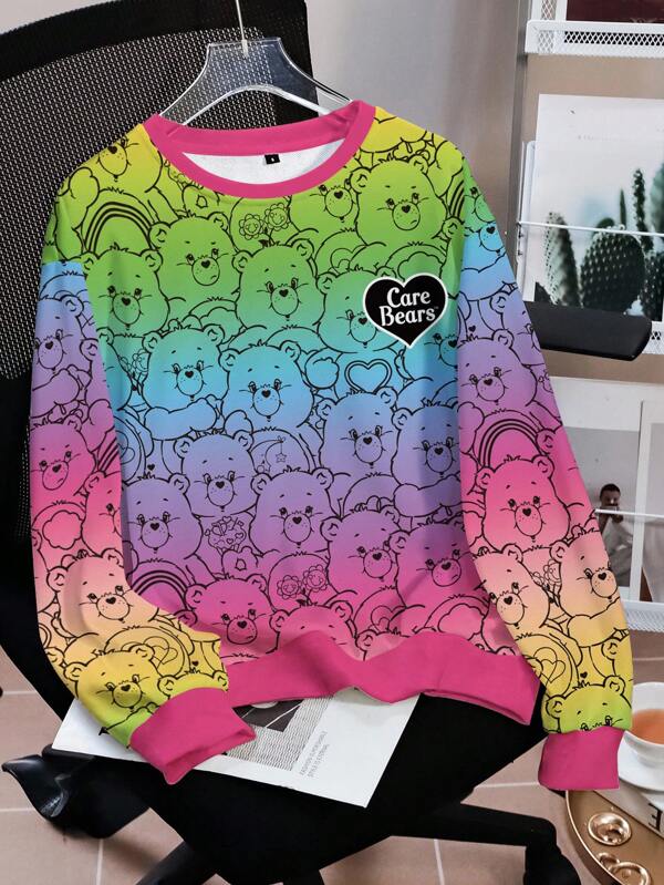 SHEIN X Care Bears Rundhals Langarm bequemer, Regenbogen-Farbverlauf lässiger Cartoon Y2K Dopamin süßer Herz- & Buchstaben-Muster Grafik Pullover Sweatshirt für Frauen