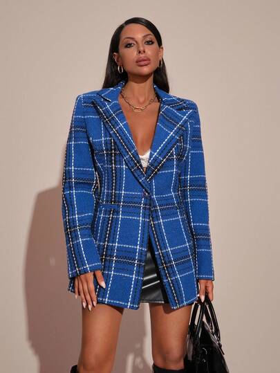 EURMUSE Blue Plaid Single-Button Blazer Straight Fit, Ideal For Office Wear Or Formal Gatherings Blue Women Womens Blazers Blue Blazer Women Women Blue