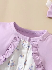 SHEIN 夏季新生女婴粉色短袖拼布花卉蝴蝶结连衣裙和头带优雅、甜美、可爱的夏季新款适合日常外出和休闲活动 - 紫色 - 查看 5