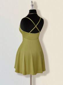 SHEIN ICON 纯色简约性感交叉露背A字迷你连衣裙 - 綠色 - 查看 9