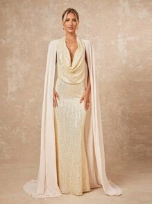 Lumalex 2025新款夏季海滩度假复活节波西米亚风格海滩户外婚礼派对成人毕业派对优雅奢华杏色亮片雪纺飘逸垂坠领修身鱼尾下摆连衣裙女 - 杏色 - 查看 8