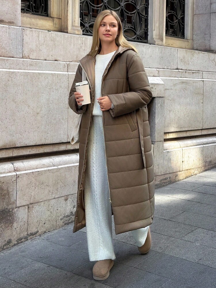 Cloudara 女士长款连帽棉衣冬季外套 - 駝色 - 查看 3