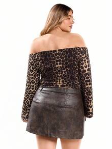 Solavibe Plus Size Women's Fashion Leopard Print Off Shoulder Asymmetric Hem T-Shirt - Multicolor - View 3
