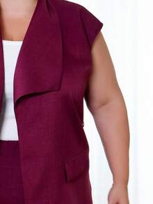 Pretty and Ole 大码女式优雅别致不对称领、喇叭袖西装外套（配腰带）和阔腿裤套装，春夏 - 紫色 - 查看 3