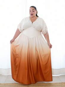 Pretty and Ole 女士加大码优雅渐变印花系带蝴蝶结 V 领 A 字长裙，百搭设计，适合外出、海滩、音乐节、春夏季 - 彩色 - 查看 1