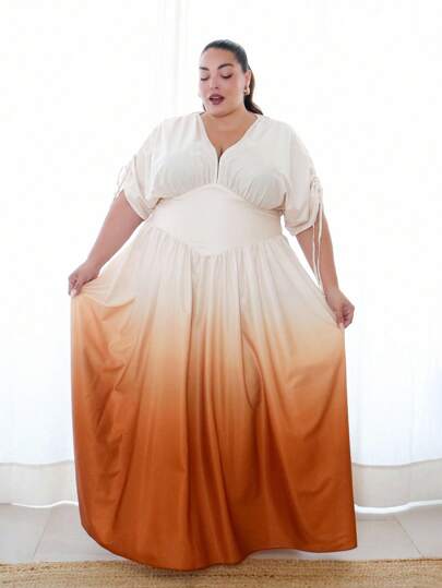 Pretty and Ole 女士加大码优雅渐变印花系带蝴蝶结 V 领 A 字长裙，百搭设计，适合外出、海滩、音乐节、春夏季