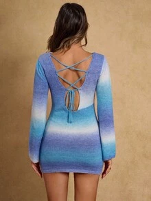 SHEIN BAE Vestido de punto mini ajustado con espalda descubierta y efecto degradado para mujer - Multicolor - Ver 2