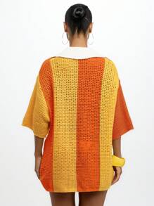 SUMWON WOMEN Áo len móc len kẻ sọc cỡ lớn cổ chữ V, áo chui đầu, cổ polo trễ vai, logo chữ nổi bật, thời trang thu đông Y2K - Nhiều màu - Xem 2
