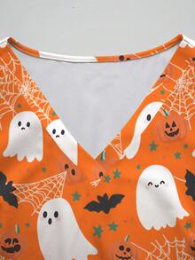 PopScrub Plus Size Women Summer V-Neck Short Sleeve Cartoon Ghost, Pumpkin, Spider Web, Bat Print Casual Nurse Scrub Uniform Top, Halloween Halloween Scrub Top Halloween Scrubs Women Halloween Scrubs Nurse Halloween Scrubs Scrubs Halloween
