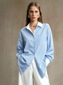 Arave Women's Plain Rhinestone Fabric, Dropped Shoulder Style, Shirt Collar Contrast Color Design, Daily Commuting Long Sleeve Shirt Going Out Tops Women Back To School Clothes Office Outfits For Women Striped Shirt Casual Outfits Spring