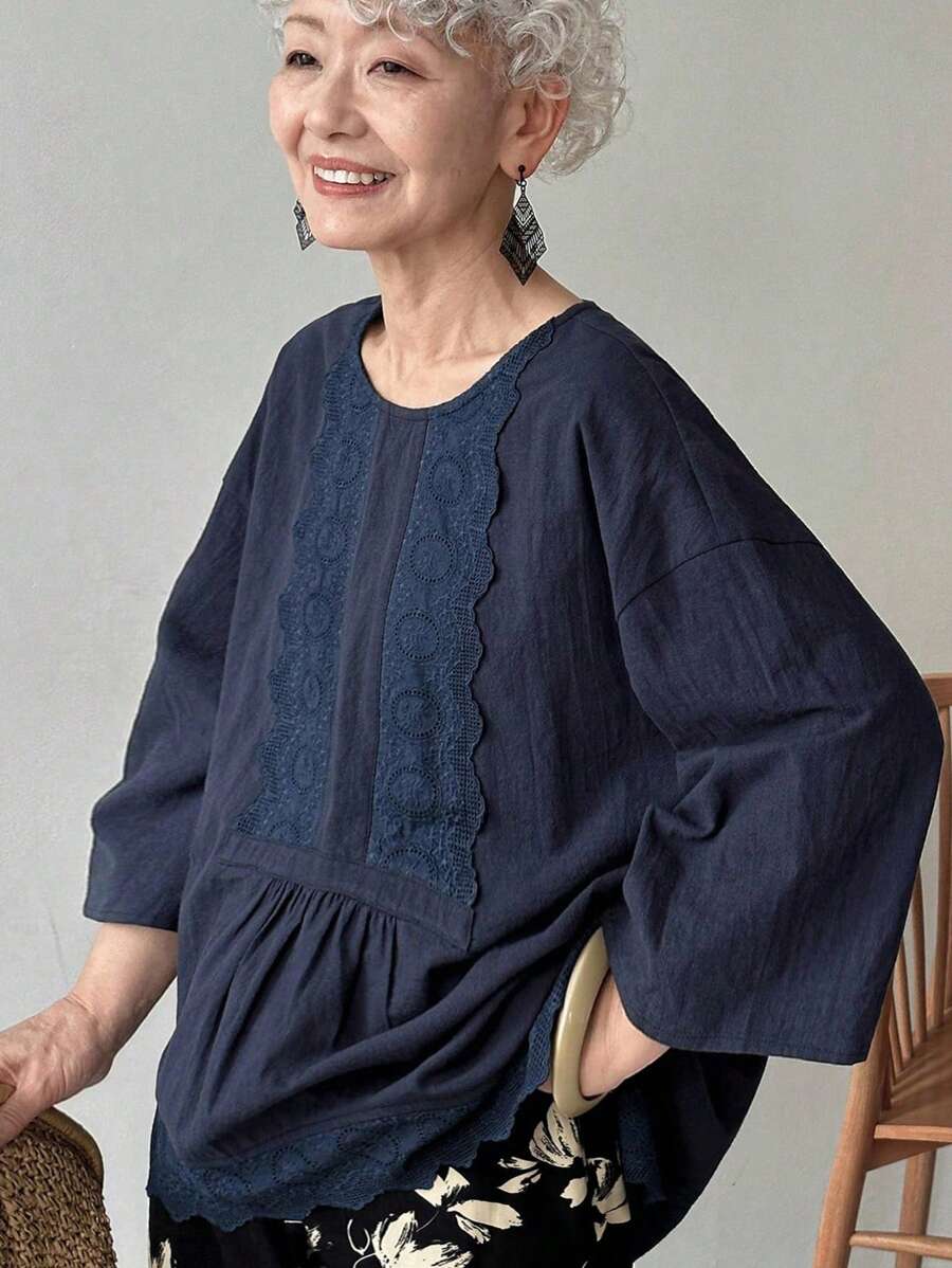 FRIFUL Women's Solid Navy Blue Drop Shoulder 3/4 Sleeve Patchwork Cotton Embroidered Pleated Casual Loose Versatile Blouse, Business Casual - Navy Blue - View 1
