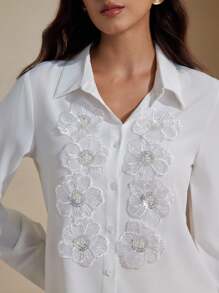 Graceveil Women Loose Fit 3D Flower Embellished White Long Sleeve Shirt White Blouses Elegant - White - View 6