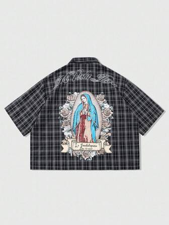 Goth Retro amerikanisches kariertes Kurzarmhemd, klassische schwarz-weiße Farbe, Rückendruck mit Jungfrau Maria Rose, Alltagskleidung & Outfit, unverzichtbar für modebewusste Männer im Vintage-Stil