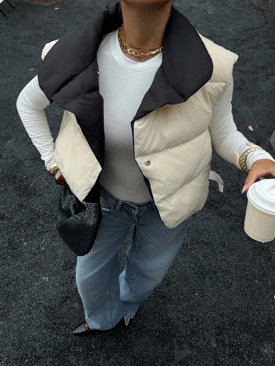 Siren Gaze 秋冬二合一双面高领加厚背心夹克，羽绒背心 - 黑色 - 查看 1