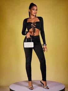 INAWLY 2pcs Women's Solid Color Tie-Front Sweetheart Neck Long Sleeve Crop Top And Leggings Set, Spring/Summer Fall Cloth For Women - Black - View 4