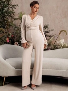 SHEIN 孕妇纯色扭腰灯笼袖阔腿连体裤 - 灰色 - 查看 7