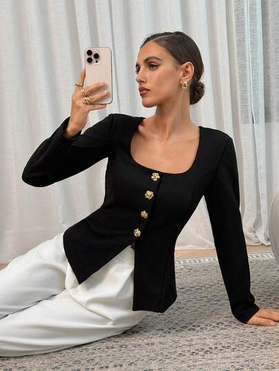 Lavishia Black Knit Square Neck Collar Long Sleeve Rose Gold Button Decor Fitted Women Shirt, Fashionable For Commuting Office Outfits For Women Work Outfits For Women Work Clothes Women Business Professional Women Office Wear Women Business Casual Women  Button Up Shirt  Women Long Sleeve Top Black Long Sleeve Top Business Casual Tops Woman,Fall Tops,Elegant Women's Blouses