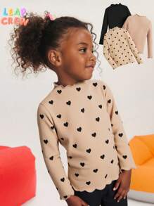 SHEIN Tween Girl 3pcs Heart Print Lettuce Trim Mock Neck Tee Chic Outfits For Autumn/Winter