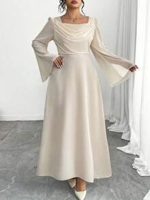 Modelyn 大码拼接束腰长袖 A 字连衣裙 - 杏色 - 查看 3