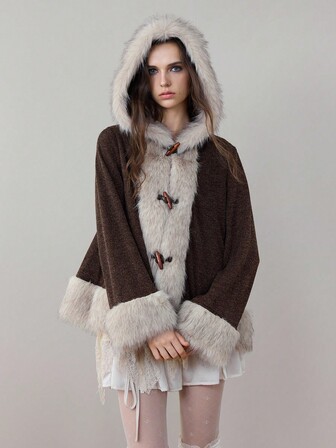 ROMWE Avant Veste à capuche en cardigan à manches longues en fausse fourrure avec patchwork de couleurs contrastées pour femmes
