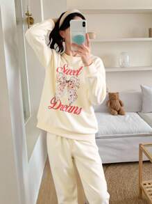 Conjunto de sudadera de manga larga con estampado de letras y lazos y pantalones de puño acanalado para niña pequeña y preadolescente, ropa de dormir, moda de regreso a la escuela