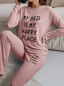 Cotton 2Pcs  Slogan Printed Long Sleeve Shirt And Long Bottom Lounge Set