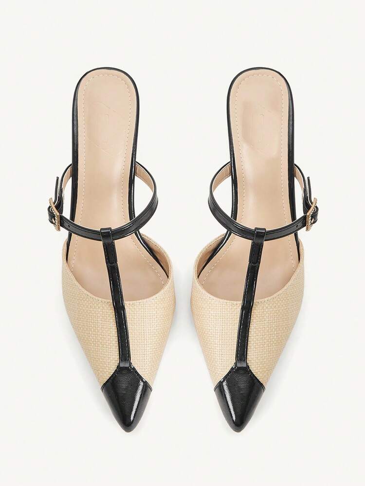 CUCCOO CHICEST Women's T-Strap Rhinestone Buckle Pointed Toe Stiletto High Heel Pumps, Elegant Commuter Fashion Black & Beige Faux Leather & Linen, Mule Slip-On Shoes, Versatile For Work, Formal Occasions, Halloween