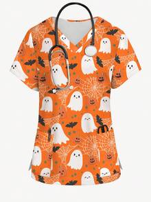 PopScrub Plus Size Women Summer V-Neck Short Sleeve Cartoon Ghost, Pumpkin, Spider Web, Bat Print Casual Nurse Scrub Uniform Top, Halloween Halloween Scrub Top Halloween Scrubs Women Halloween Scrubs Nurse Halloween Scrubs Scrubs Halloween