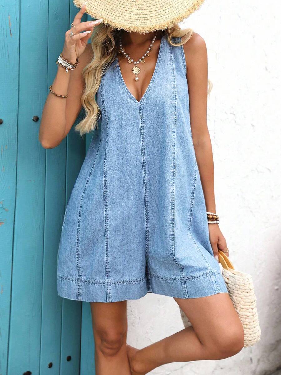 EMERY ROSE Sleeveless Casual Denim Romper - Light Wash - View 1