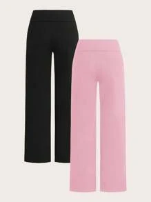 SHEIN EZwear 2 件黑色和粉色女士休闲高腰折叠阔腿直筒裤，适合夏季 - 彩色 - 查看 2