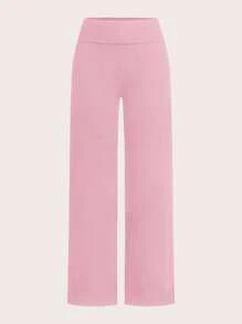 SHEIN EZwear 2 件黑色和粉色女士休闲高腰折叠阔腿直筒裤，适合夏季 - 彩色 - 查看 3