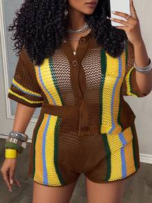 Slaydiva 春夏新款休闲沙滩度假风短袖衬衫带口袋短裤套装，彩色条纹钩编拼接，大码女款两件套针织服装 - 摩卡棕 - 查看 1