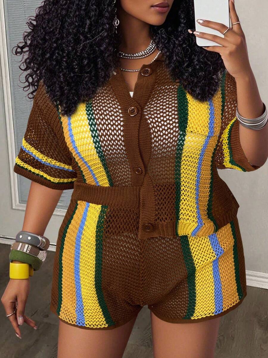 Slaydiva 春夏新款休闲沙滩度假风短袖衬衫带口袋短裤套装，彩色条纹钩编拼接，大码女款两件套针织服装 - 摩卡棕 - 查看 1