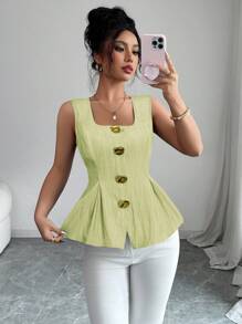 Elenzga Summer New Arrival French Elegant Fashion Big Metal Button Backless Tie Sleeveless Solid Color Blouse For Women - Green - View 6