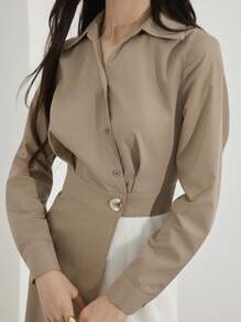 Heiryn Đầm midi tay dài phối màu thanh lịch thời trang dành cho nữ - Màu Khaki - Xem 2