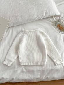 SHEIN Vintaside Kids 时尚百搭可爱蝴蝶结针织套头毛衣，适合年轻女孩，带蝴蝶结的毛衣，针织毛衣，年轻女孩毛衣，粉色蝴蝶结毛衣，女孩白色毛衣，女孩冬季服装，蝴蝶结毛衣，套头衫，蝴蝶结上衣，针织套装，女孩服装，秋冬服装 - 白色 - 查看 2
