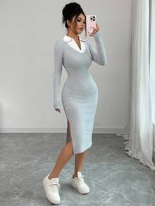 Rafferiza ChicEase 优雅时尚黑色撞色弹力针织修身不对称下摆开衩2件套V领衬衫领短袖连衣裙女 - 灰色 - 查看 6