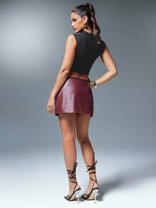 Denimoi Minifalda con abertura alta de piel sintética con patrón tejido, falda de piel sintética, faldas sexy, piel tejida