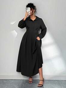 Elenzga 优雅通勤纯色灯笼袖连衣裙，大码女式秋季长裙 - 黑色 - 查看 4