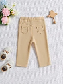 SHEIN Babygirl 秋冬可爱卡其色弹力针织字母印花抽绳腰裤 - 卡其色 - 查看 2