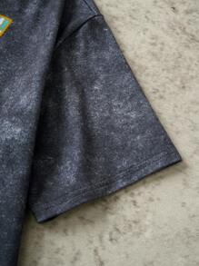 Discovery X SHEIN 青少年男童休闲老虎图案圆领短袖宽松T恤，夏季